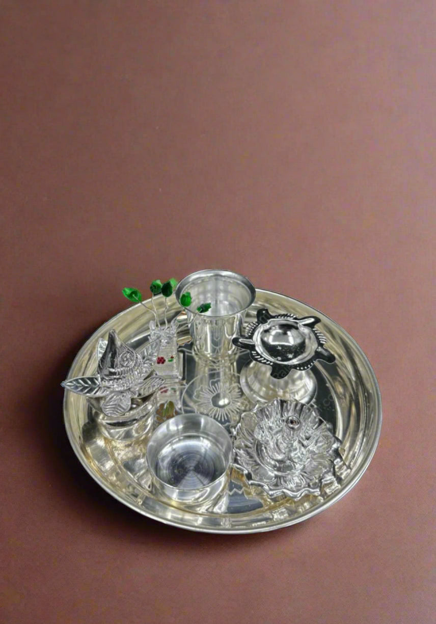 german silver small pooja thali set for festival/ housewarming pooja